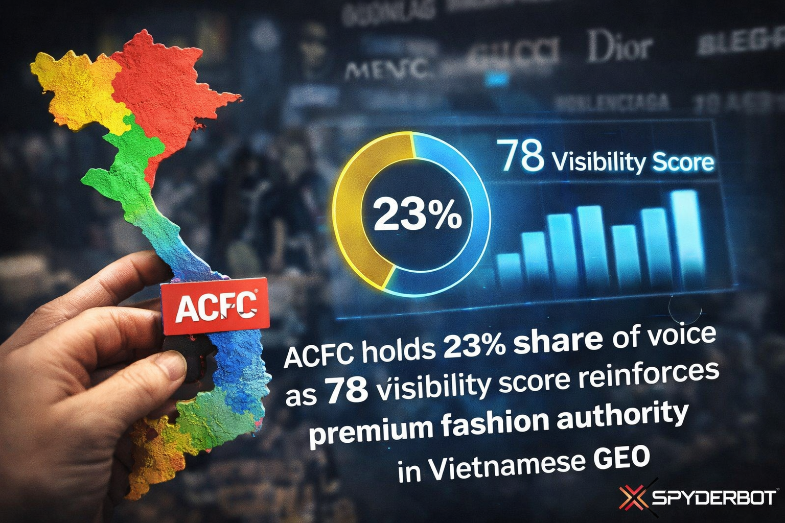 ACFC holds 23% share of voice as 78 visibility score reinforces premium fashion authority in Vietnamese GEO analytics
